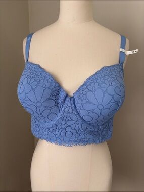 aerie Real Happy Demi Lightly Lined Lace Bra Blue Floral Sz 38DD